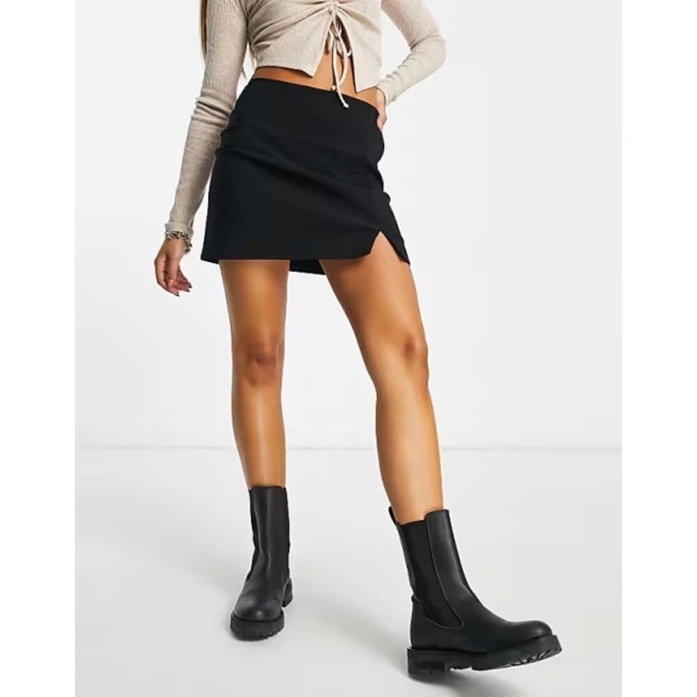 ASOS Black Front Slit Mini Skirt SZ 12 | Mid Rise Knit 90s Y2K Minimalist - Picture 2 of 9